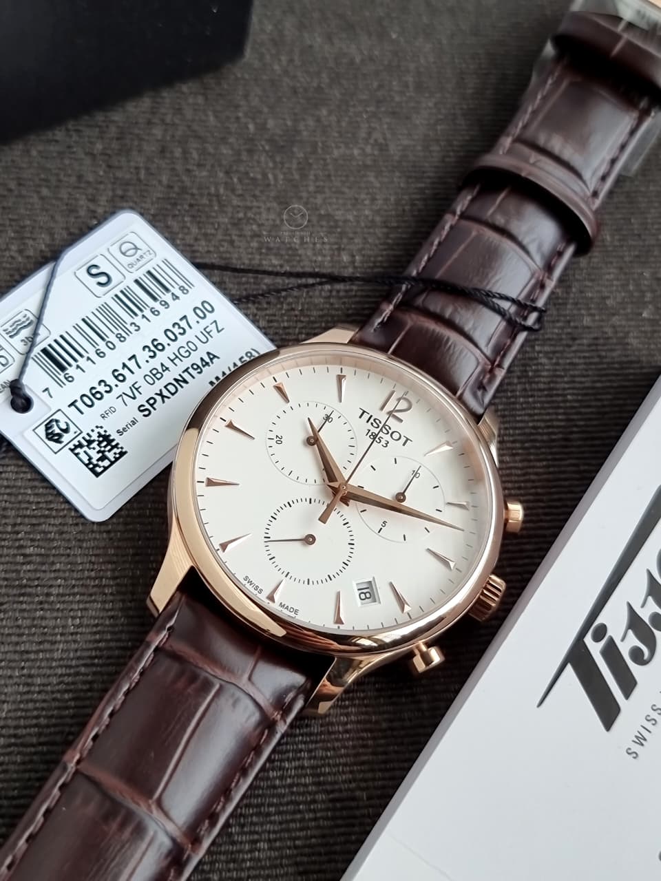 Tissot Tradition Chronograph 42mm Silver Dial Brown Leather Strap Swiss Quartz Men's Watch – T063.617.36.037.00