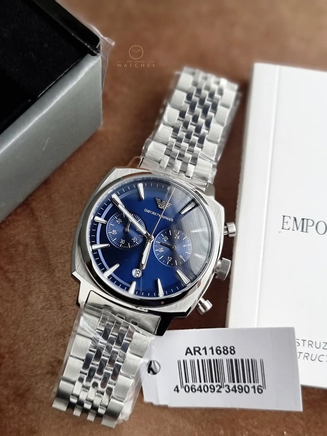 Emporio Armani Carlo 40mm Blue Dial Silver Stainless Steel Chronograph Men's Watch – AR11688 Hover Image