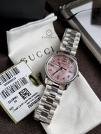 Gucci G-Timeless Pink Mother of Pearl Dial Diamond Silver Stainless Steel Swiss Quartz Watch for Ladies 29mm – YA1265062
