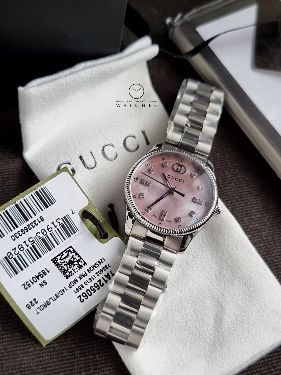 Gucci G-Timeless Pink Mother of Pearl Dial Diamond Silver Stainless Steel Swiss Quartz Watch for Ladies 29mm – YA1265062