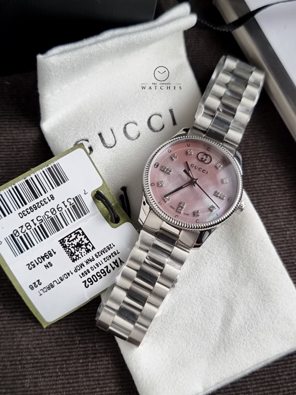 Gucci G-Timeless Pink Mother of Pearl Dial Diamond Silver Stainless Steel Swiss Quartz Watch for Ladies 29mm – YA1265062