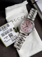 Gucci G-Timeless Pink Mother of Pearl Dial Diamond Silver Stainless Steel Swiss Quartz Watch for Ladies 29mm – YA1265062