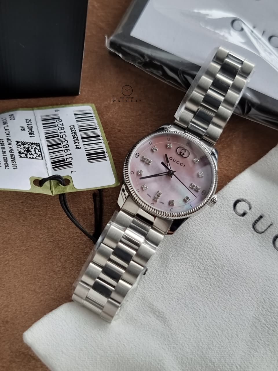 Gucci G-Timeless Pink Mother of Pearl Dial Diamond Silver Stainless Steel Swiss Quartz Watch for Ladies 29mm – YA1265062
