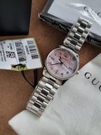 Gucci G-Timeless Pink Mother of Pearl Dial Diamond Silver Stainless Steel Swiss Quartz Watch for Ladies 29mm – YA1265062