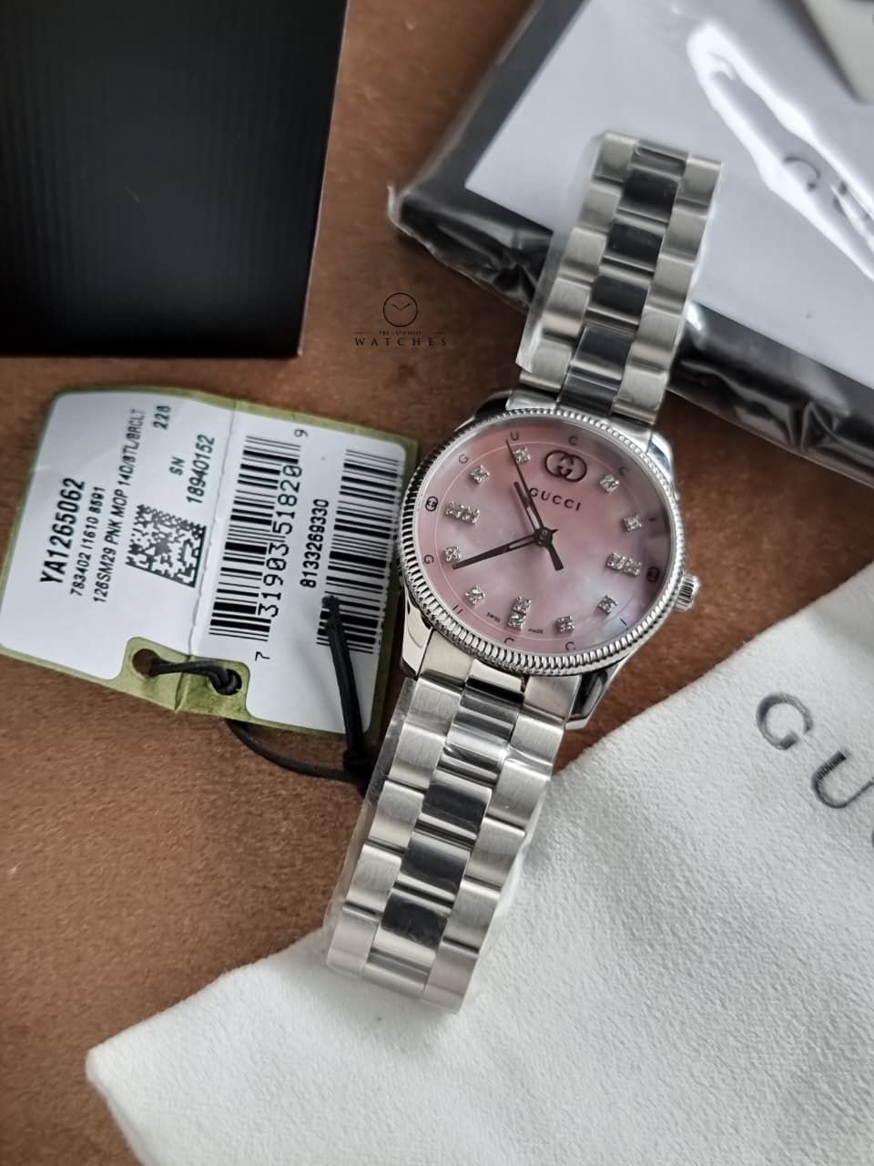 Gucci G-Timeless Pink Mother of Pearl Dial Diamond Silver Stainless Steel Swiss Quartz Watch for Ladies 29mm – YA1265062