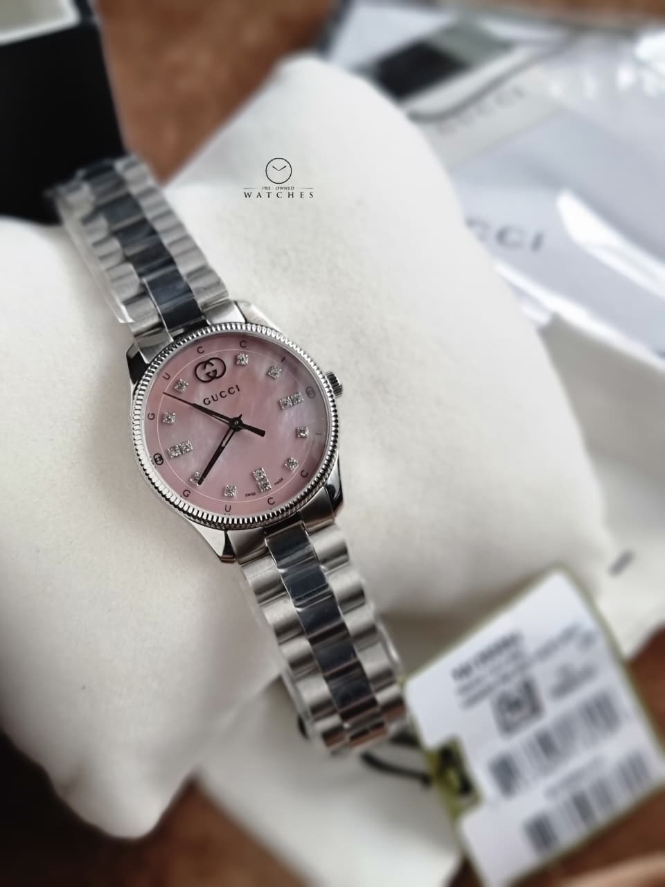Gucci G-Timeless Pink Mother of Pearl Dial Diamond Silver Stainless Steel Swiss Quartz Watch for Ladies 29mm – YA1265062