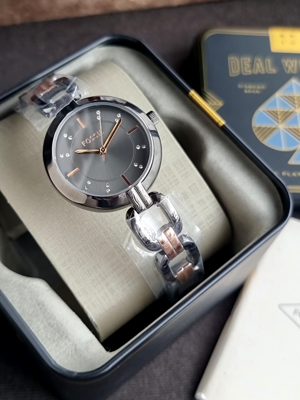 Fossil Kerrigan Gray Sunray Dial Two-Tone Gunmetal & Rose Gold Stainless Steel Quartz Watch for Ladies 32mm – BQ3947