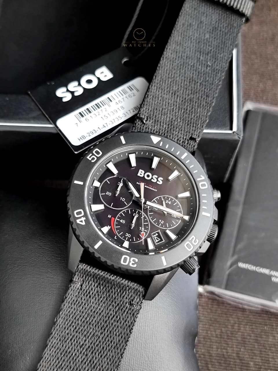 HUGO BOSS Admiral Black Dial Black Resin Strap Chronograph Quartz Watch 46mm for Men – 1513918