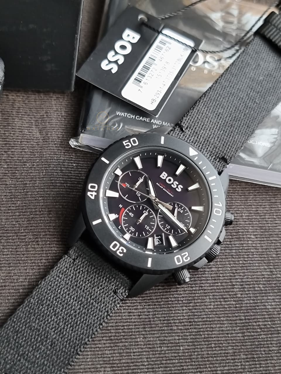 HUGO BOSS Admiral Black Dial Black Resin Strap Chronograph Quartz Watch 46mm for Men – 1513918