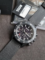 HUGO BOSS Admiral Black Dial Black Resin Strap Chronograph Quartz Watch 46mm for Men – 1513918