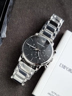 EMPORIO ARMANI Classic Black Dial Silver Stainless Steel Chronograph Watch For Gents - AR1853