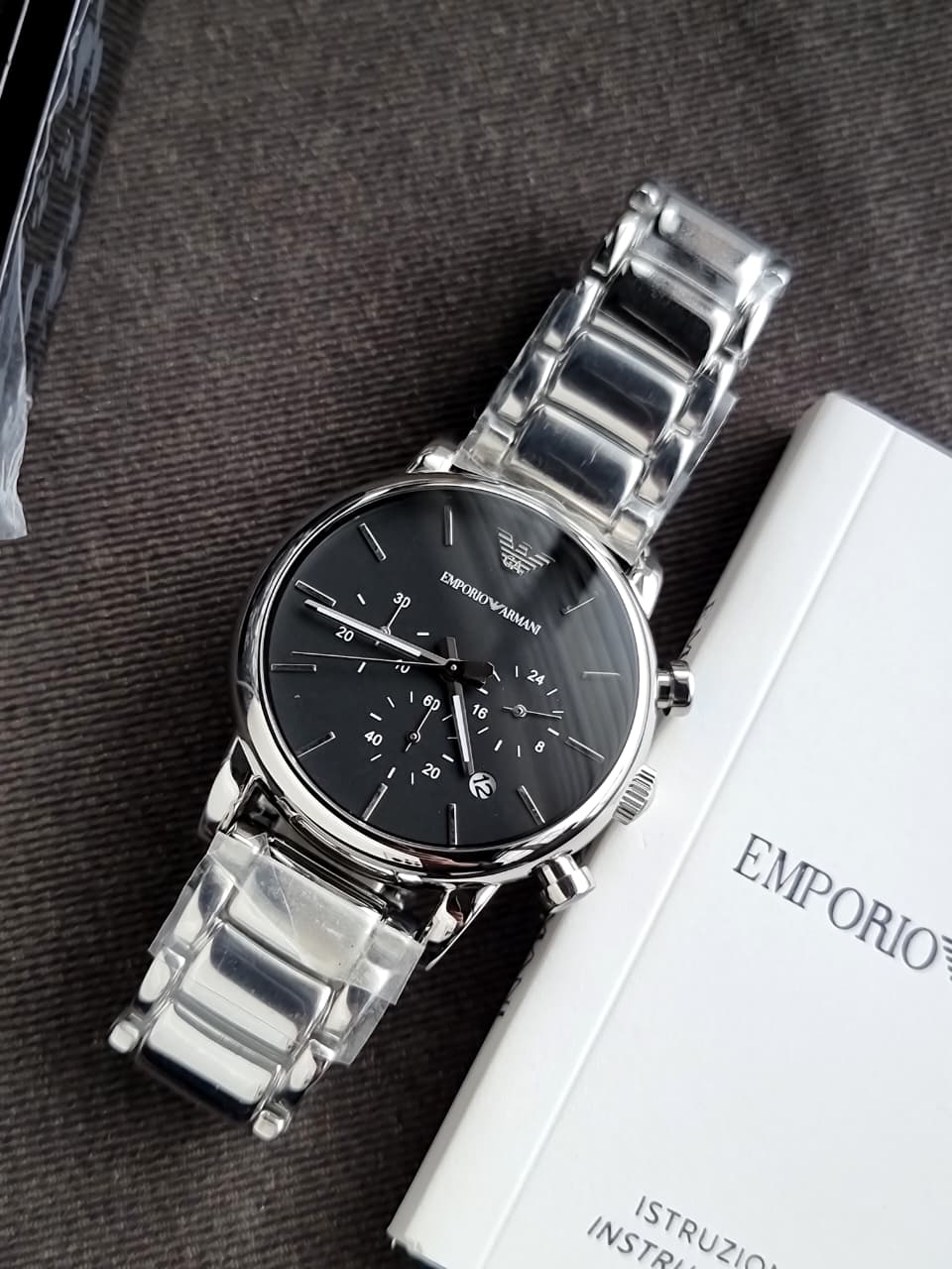EMPORIO ARMANI Classic Black Dial Silver Stainless Steel Chronograph Watch For Gents - AR1853