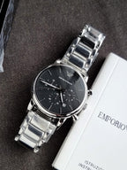 EMPORIO ARMANI Classic Black Dial Silver Stainless Steel Chronograph Watch For Gents - AR1853