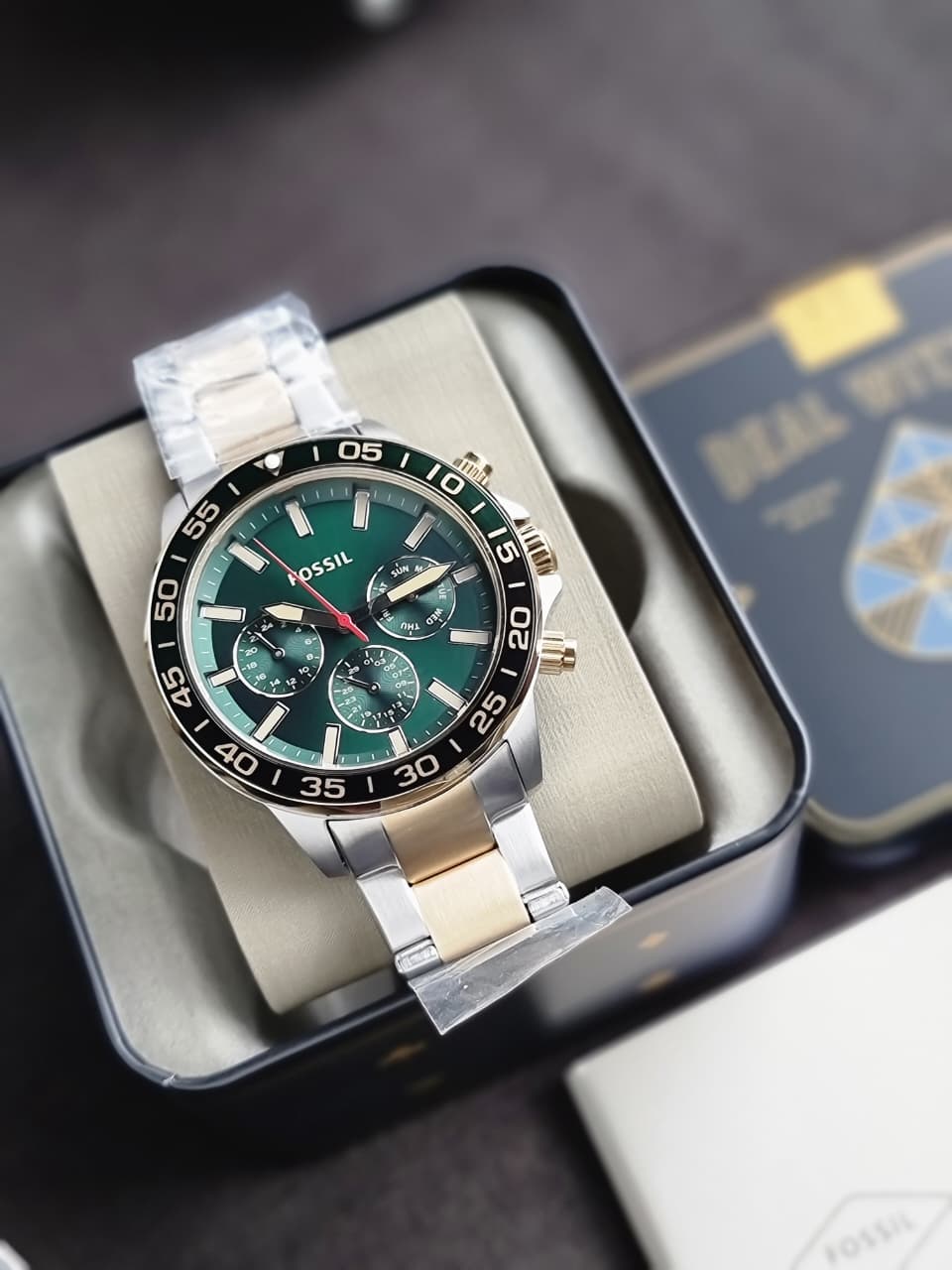 Fossil Bannon Two-Tone Stainless Steel Green Dial Chronograph Quartz Watch for Men – BQ2738