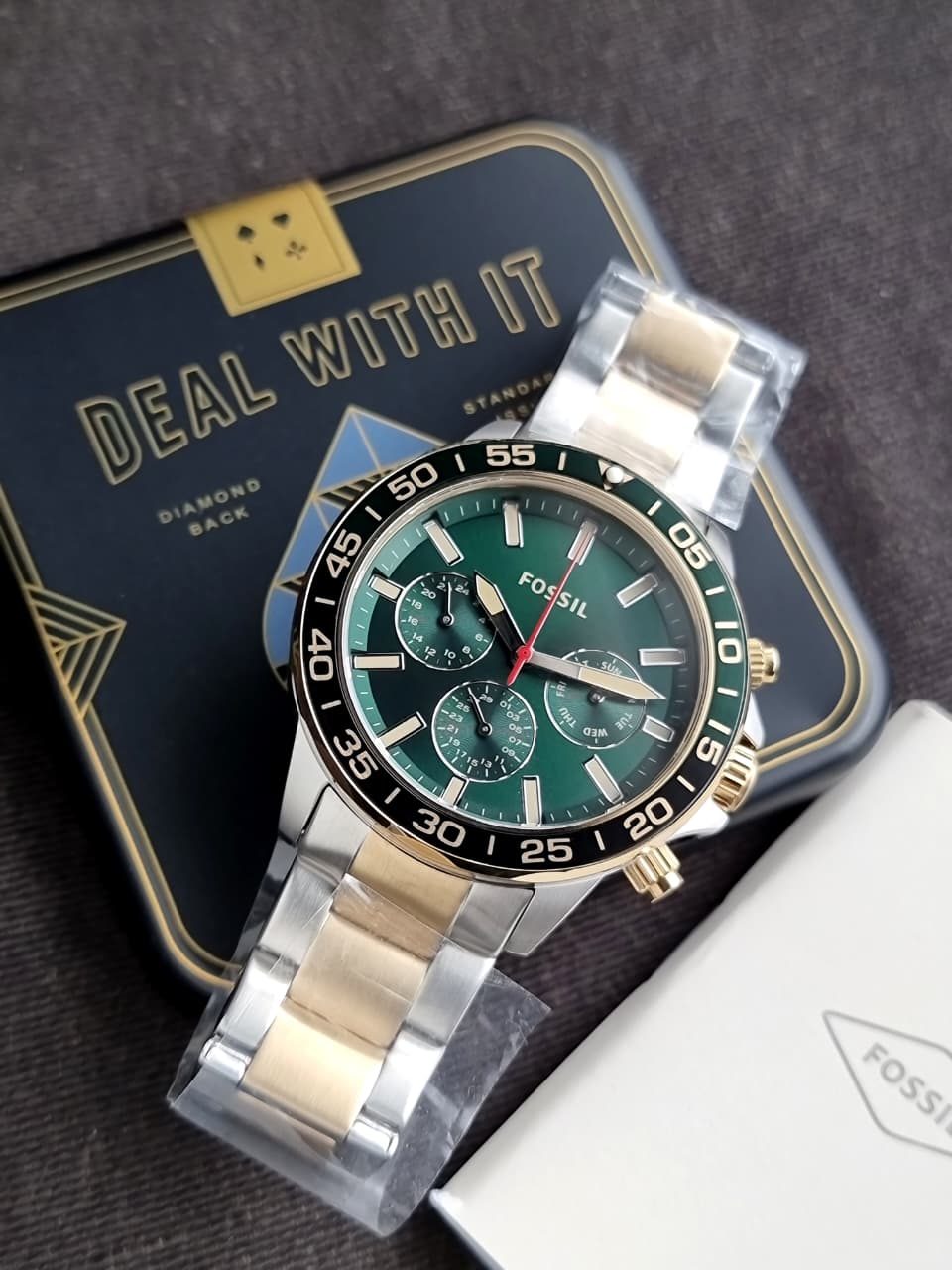 Fossil Bannon Two-Tone Stainless Steel Green Dial Chronograph Quartz Watch for Men – BQ2738
