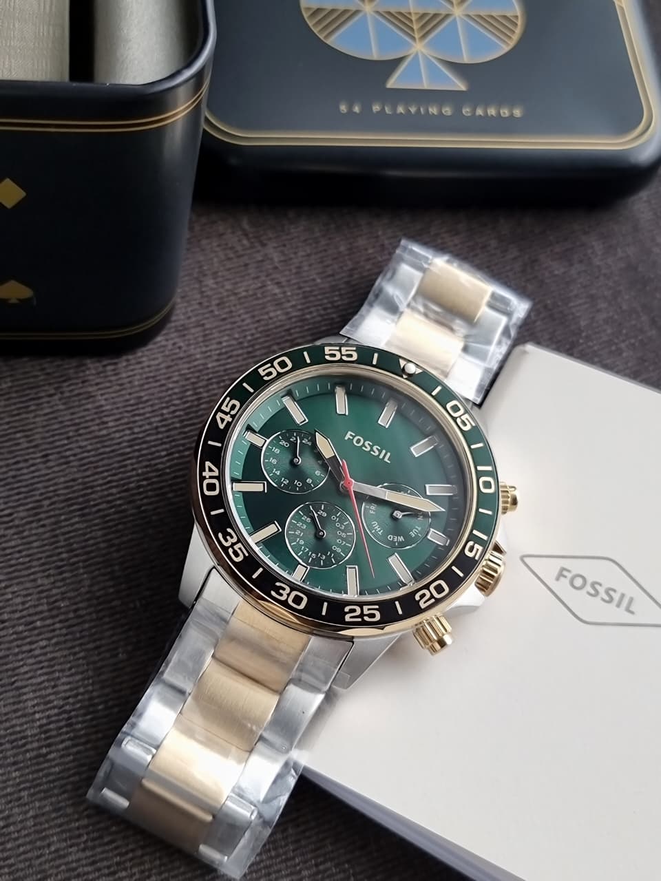 Fossil Bannon Two-Tone Stainless Steel Green Dial Chronograph Quartz Watch for Men – BQ2738