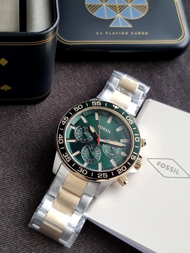 Fossil Bannon Two-Tone Stainless Steel Green Dial Chronograph Quartz Watch for Men – BQ2738 Hover Image