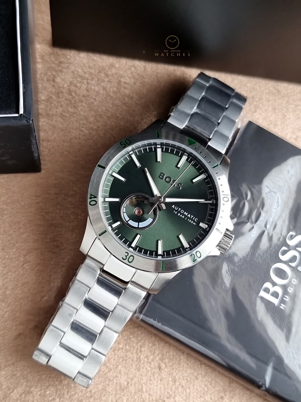 Hugo Boss Silver Stainless Steel Green Dial Automatic Watch for Men – 1514200