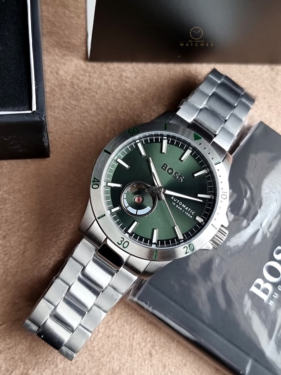 Hugo Boss Silver Stainless Steel Green Dial Automatic Watch for Men – 1514200
