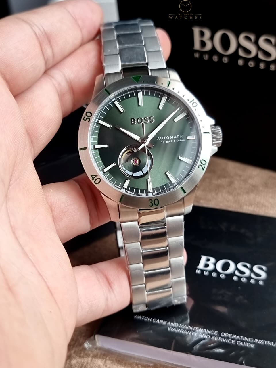 Hugo Boss Silver Stainless Steel Green Dial Automatic Watch for Men – 1514200