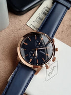 Fossil Men’s Chronograph Quartz Blue Leather Strap Blue Dial 44mm Watch FS5436