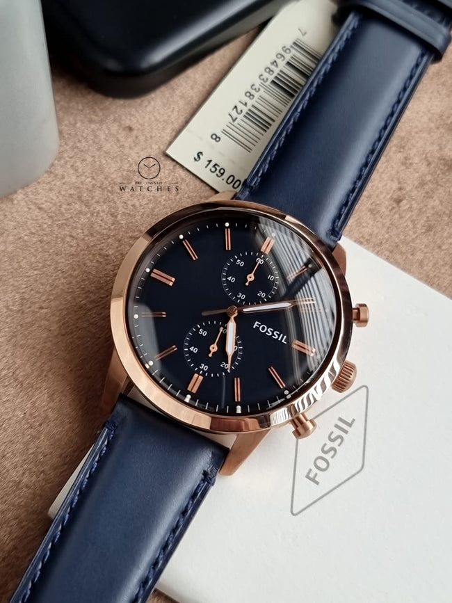 Fossil Men’s Chronograph Quartz Blue Leather Strap Blue Dial 44mm Watch FS5436 Hover Image