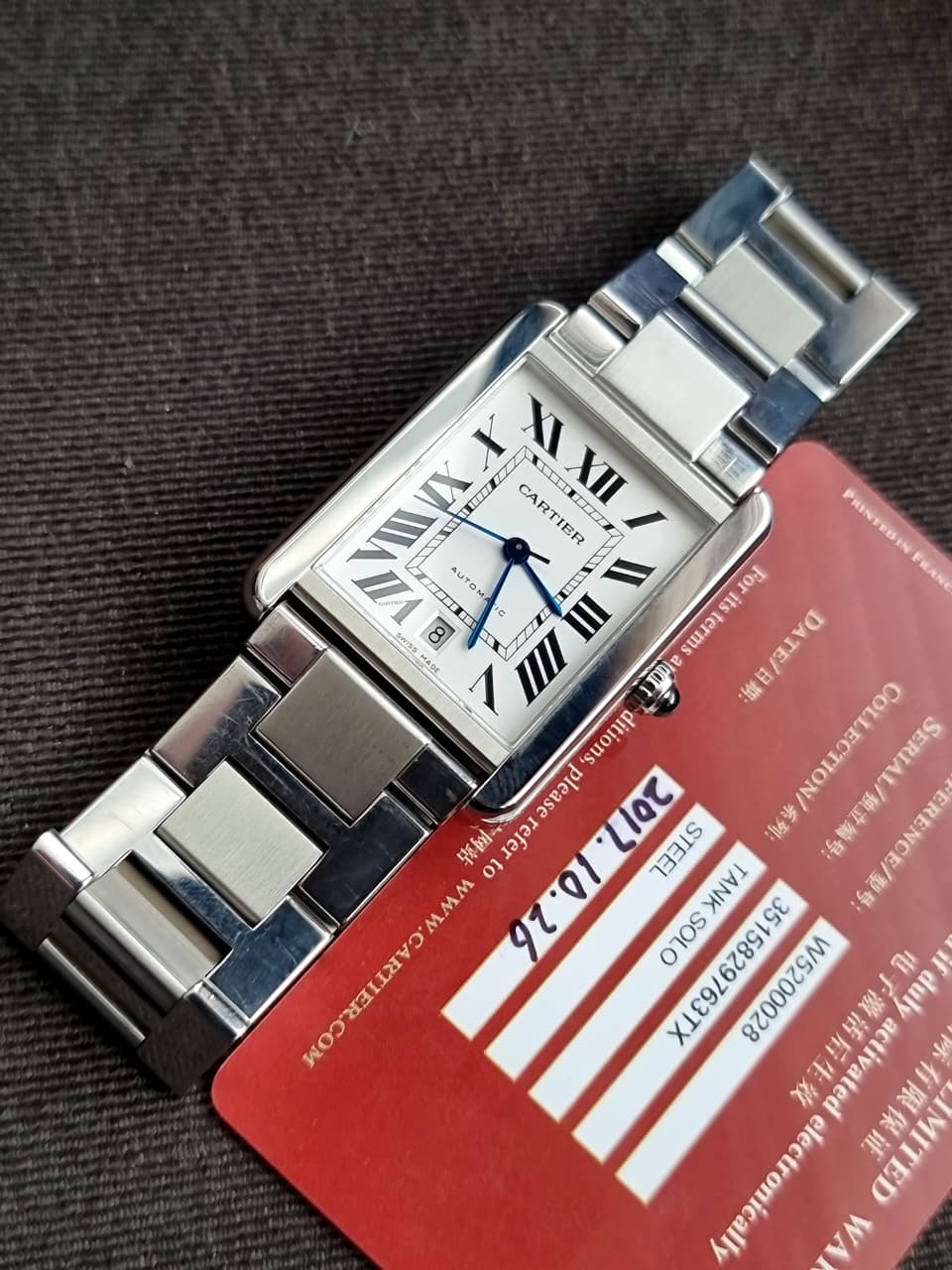 Cartier Tank Solo XL Automatic Silver Dial Stainless Steel Men's Watch W5200028