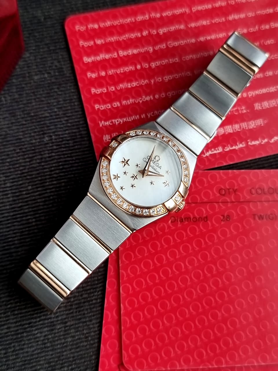 Omega Constellation 24mm Diamond Bezel White Mother-of-Pearl Dial Two-Tone Ladies Quartz Watch 123.25.24.60.05.002