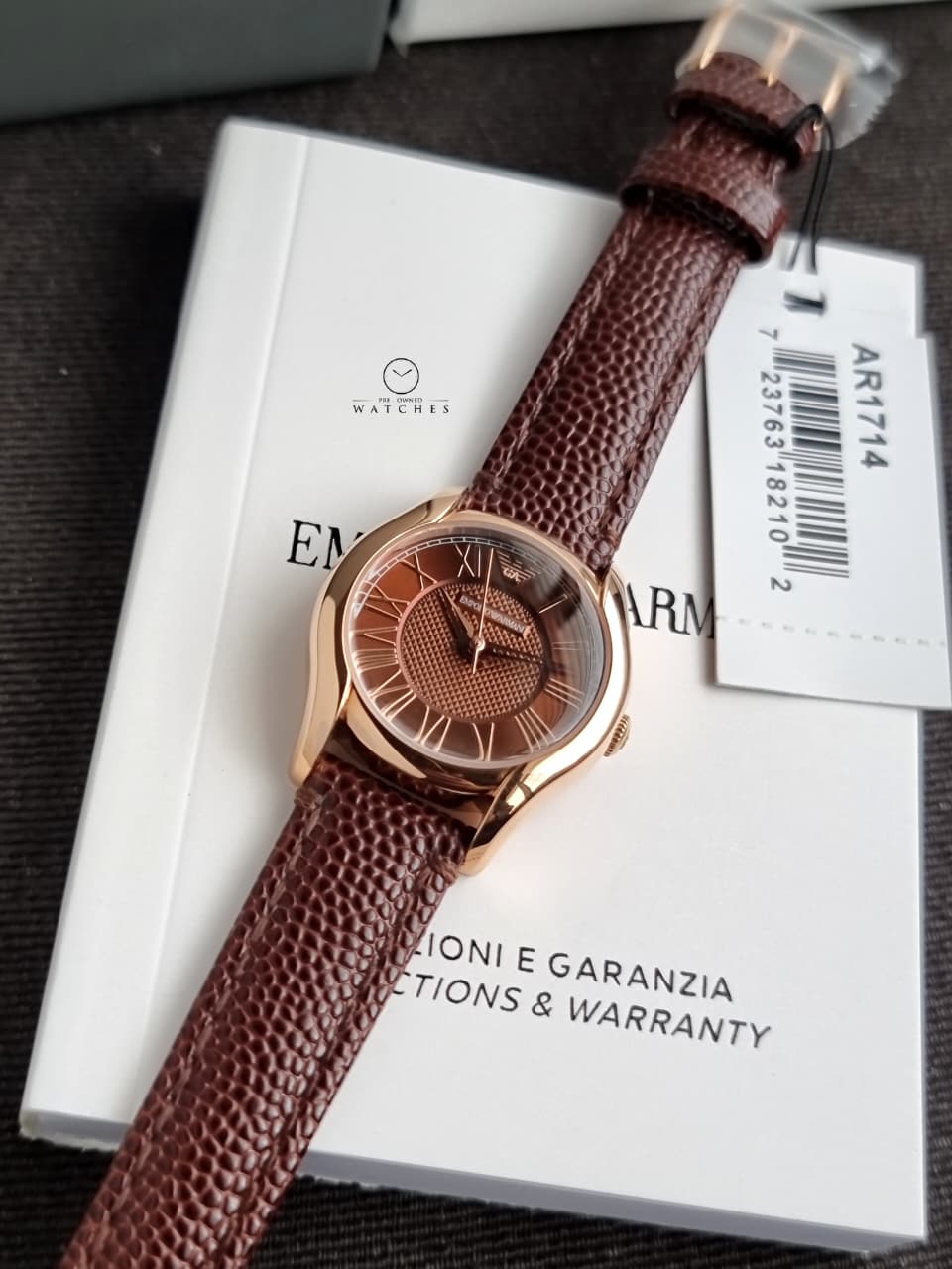 Emporio Armani Classic Women's Brown Dial Rose Gold Stainless Steel Leather Strap Quartz Watch AR1714