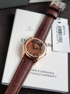 Emporio Armani Classic Women's Brown Dial Rose Gold Stainless Steel Leather Strap Quartz Watch AR1714