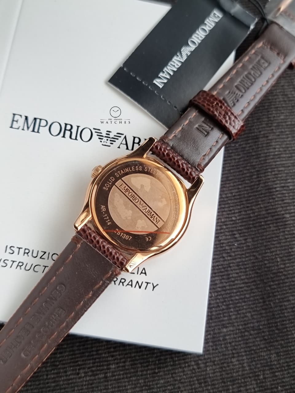 Emporio Armani Classic Women's Brown Dial Rose Gold Stainless Steel Leather Strap Quartz Watch AR1714