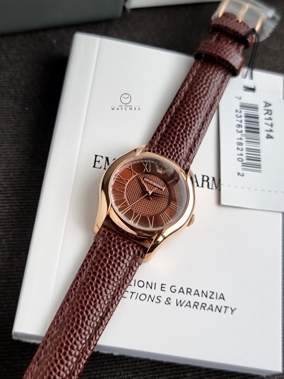 Emporio Armani Classic Women's Brown Dial Rose Gold Stainless Steel Leather Strap Quartz Watch AR1714