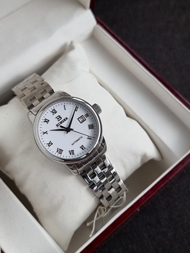Binger white dial Silver Chain Automatic Ladies Watch Hover Image
