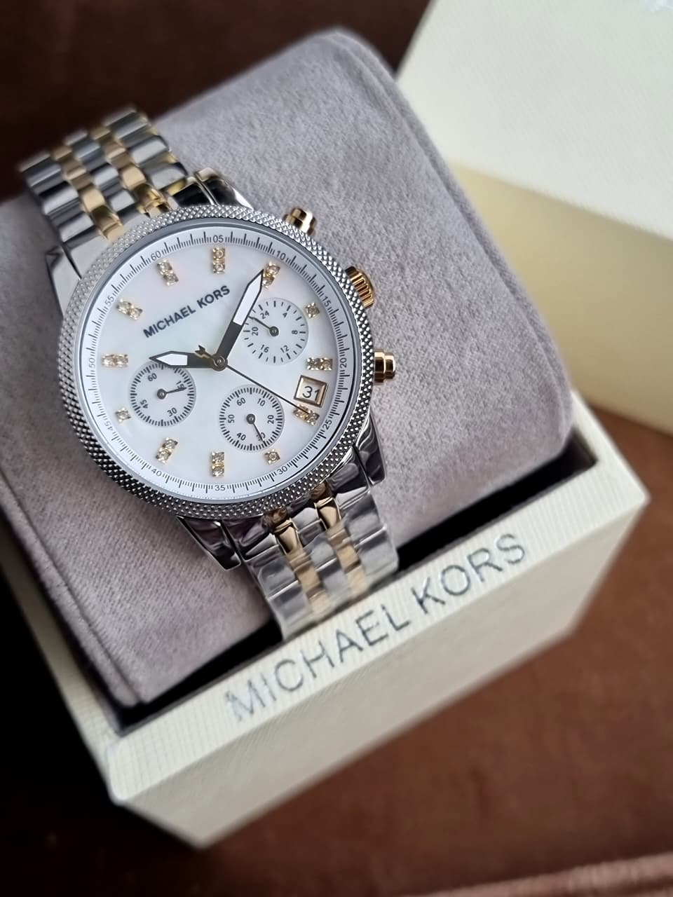 Michael Kors Jet Set Two-Tone Mother of Pearl Dial Chronograph Quartz Ladies Watch MK5057