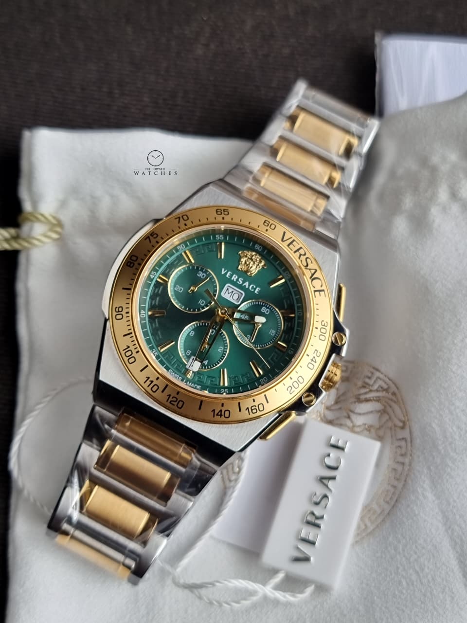 Versace Greca Extreme Chronograph Green Dial Two-Tone Stainless Steel Men's Quartz Watch VE7H00523