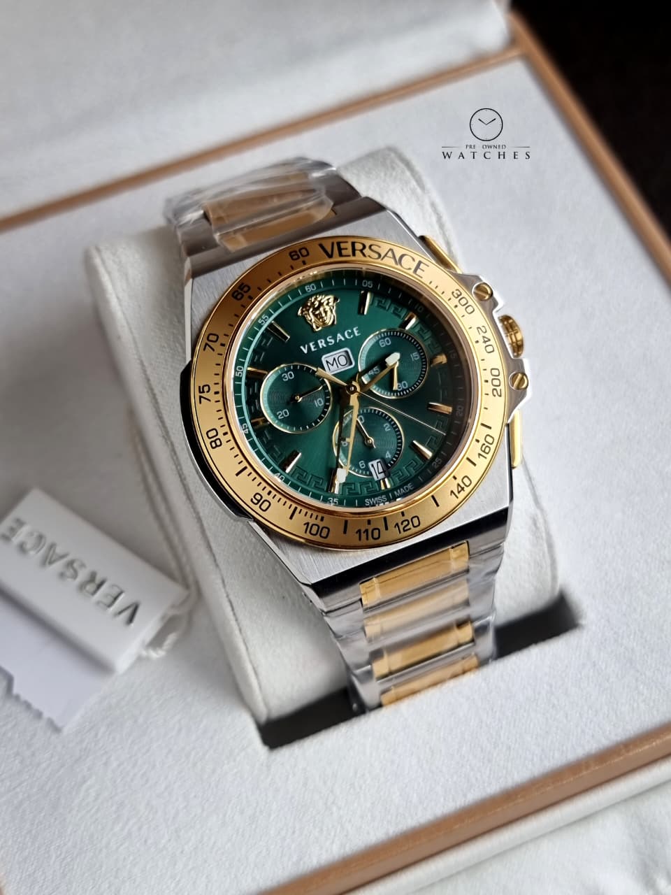 Versace Greca Extreme Chronograph Green Dial Two-Tone Stainless Steel Men's Quartz Watch VE7H00523