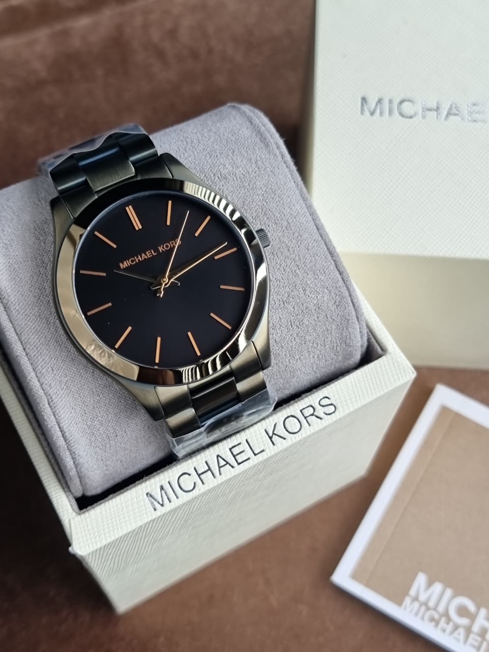 Michael Kors Slim Runway Men's Watch MK8715 – Black Dial, Olive-Tone Stainless Steel