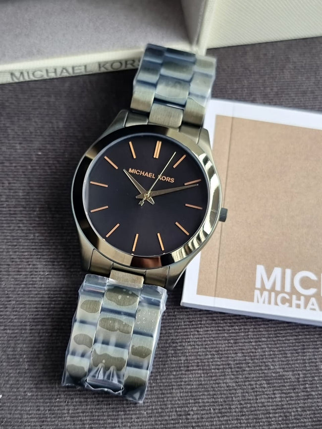 Michael Kors Slim Runway Men's Watch MK8715 – Black Dial, Olive-Tone Stainless Steel Hover Image
