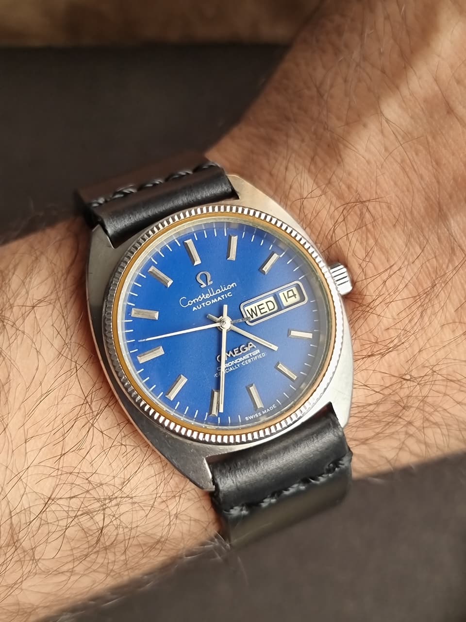 Omega Constellation Chronometer Gents Watch 35mm Blue Dial Black Leather Strap Automatic Watch