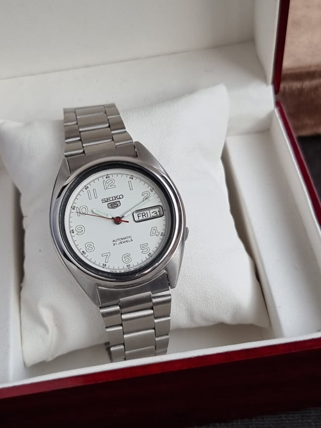 Seiko 5 36mm Dial Automatic Watch White Dial Hover Image