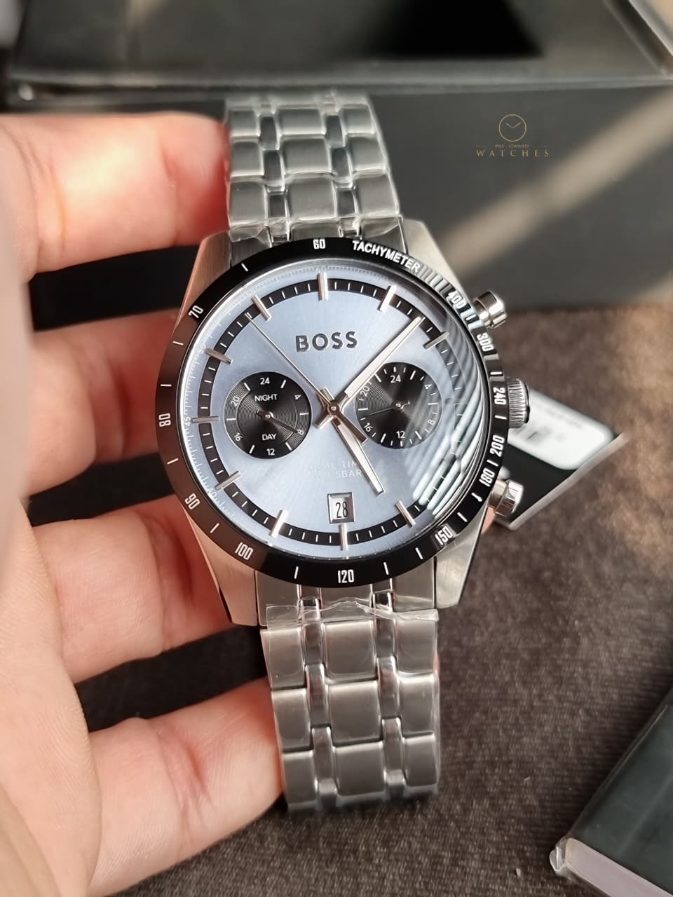 Hugo Boss Men's Chronograph Quartz Watch – Silver Stainless Steel & Blue Dial – 1514286