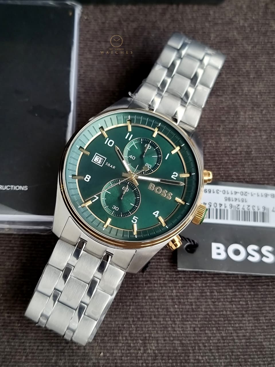 Hugo Boss Silver Stainless Steel Green Dial Chronograph Quartz Watch for Gents 1514195