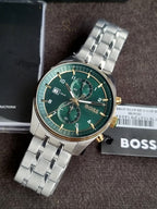 Hugo Boss Silver Stainless Steel Green Dial Chronograph Quartz Watch for Gents 1514195
