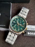 Hugo Boss Silver Stainless Steel Green Dial Chronograph Quartz Watch for Gents 1514195