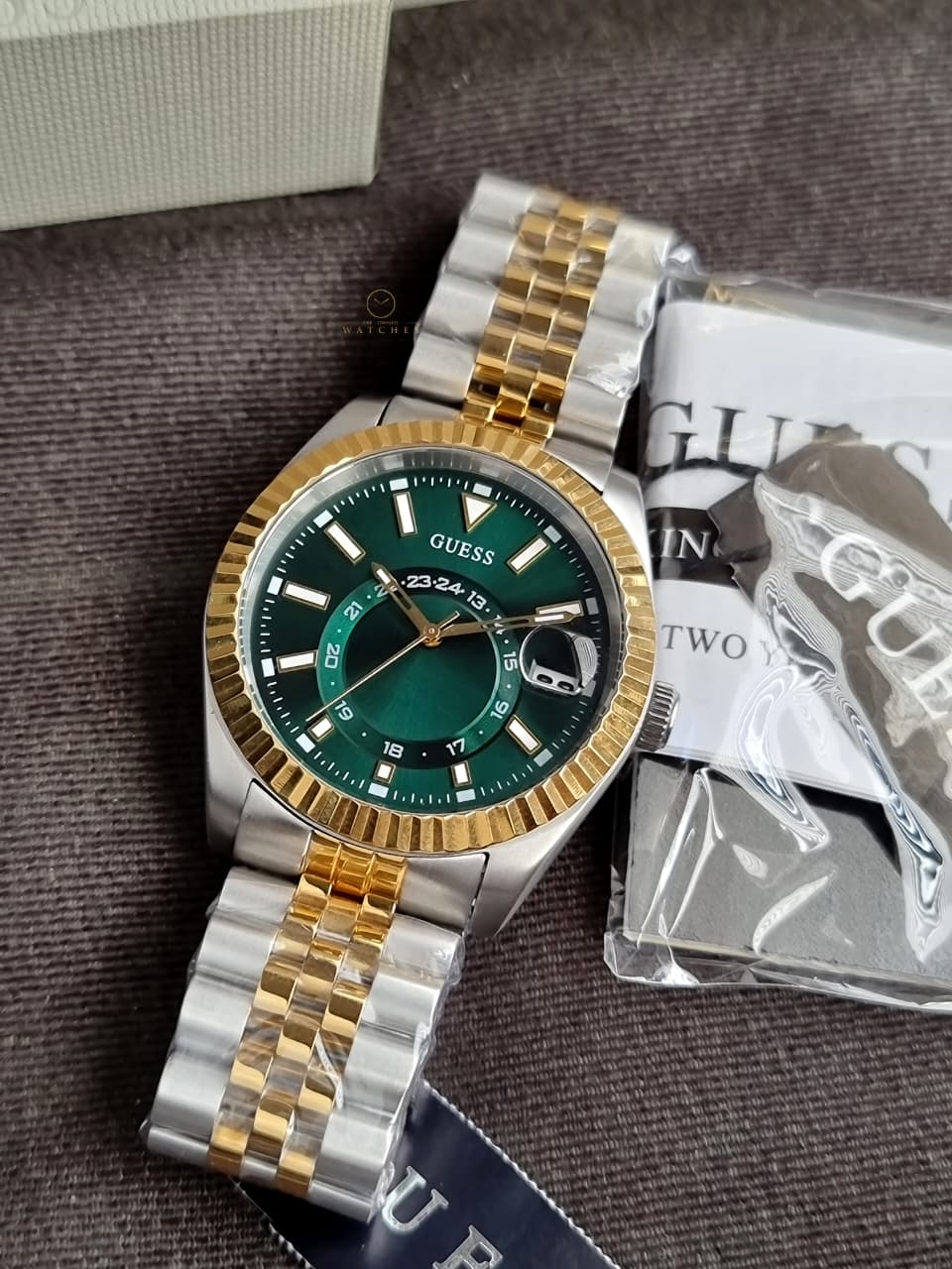 GUESS Jaden Men's Two-Tone Multifunction Quartz Watch – Green Dial – 42mm – GW0977G4