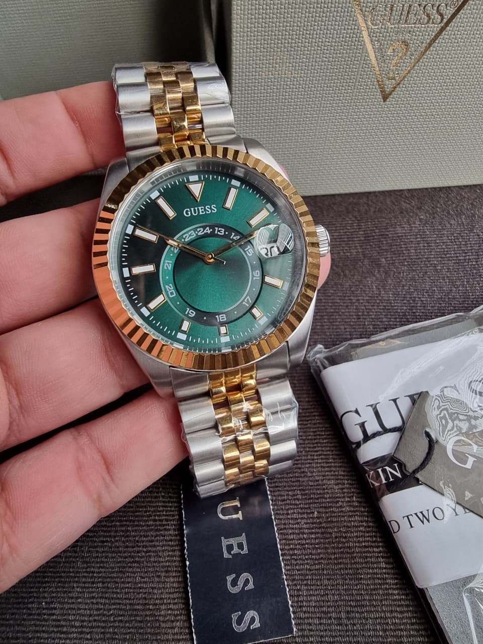 GUESS Jaden Men's Two-Tone Multifunction Quartz Watch – Green Dial – 42mm – GW0977G4