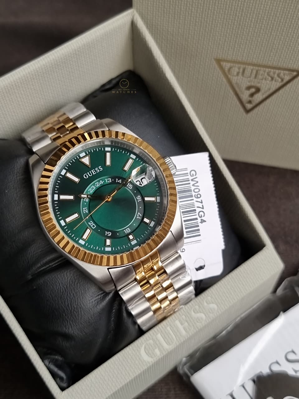 GUESS Jaden Men's Two-Tone Multifunction Quartz Watch – Green Dial – 42mm – GW0977G4