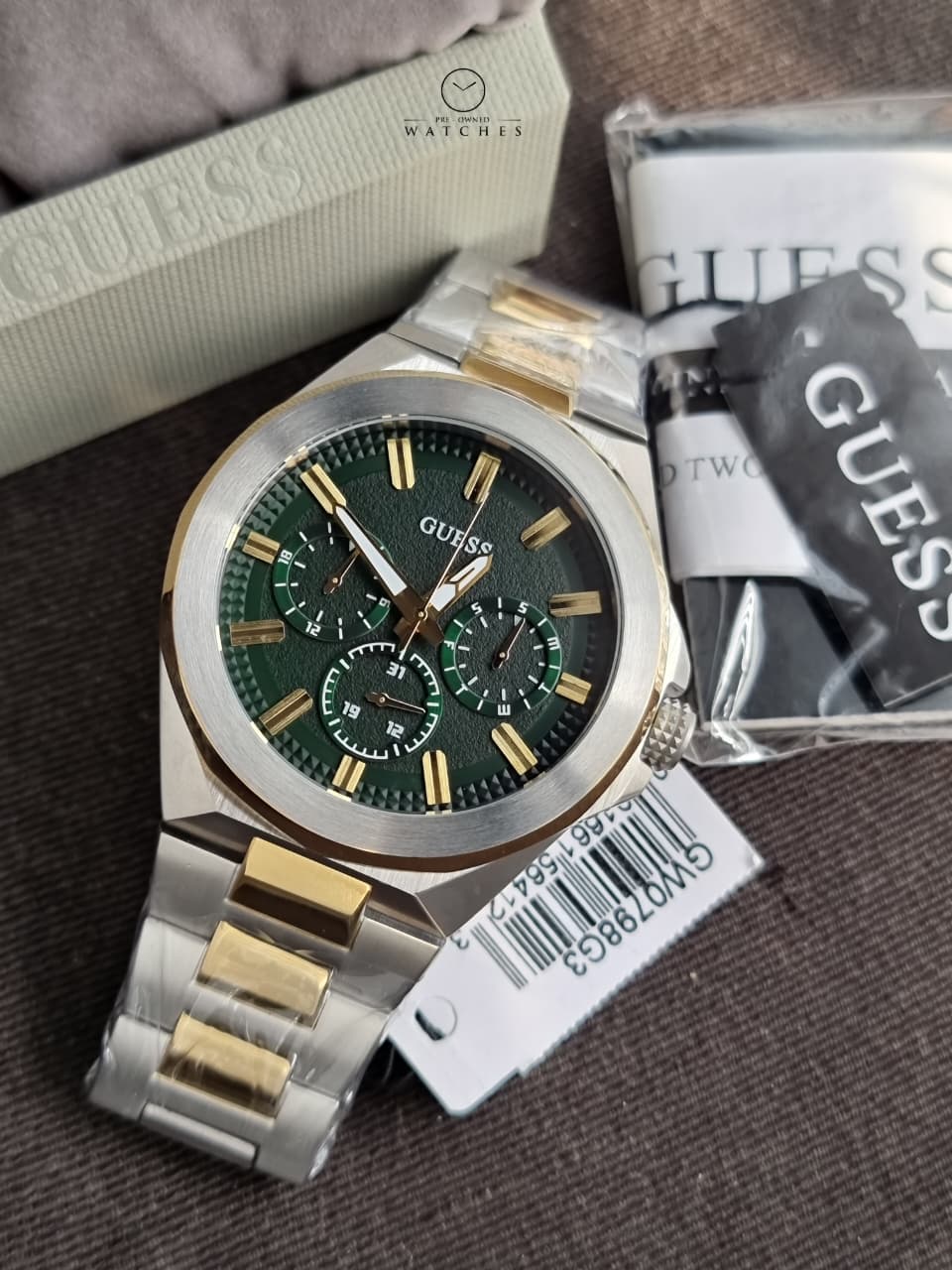 GUESS Dashboard Men's Two-Tone Multifunction Quartz Watch – Green Dial – 46mm – GW0798G3