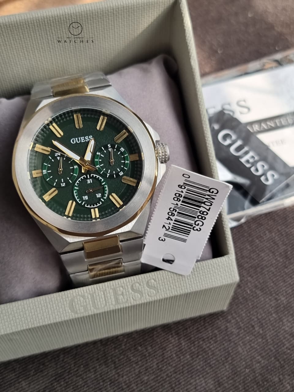 GUESS Dashboard Men's Two-Tone Multifunction Quartz Watch – Green Dial – 46mm – GW0798G3