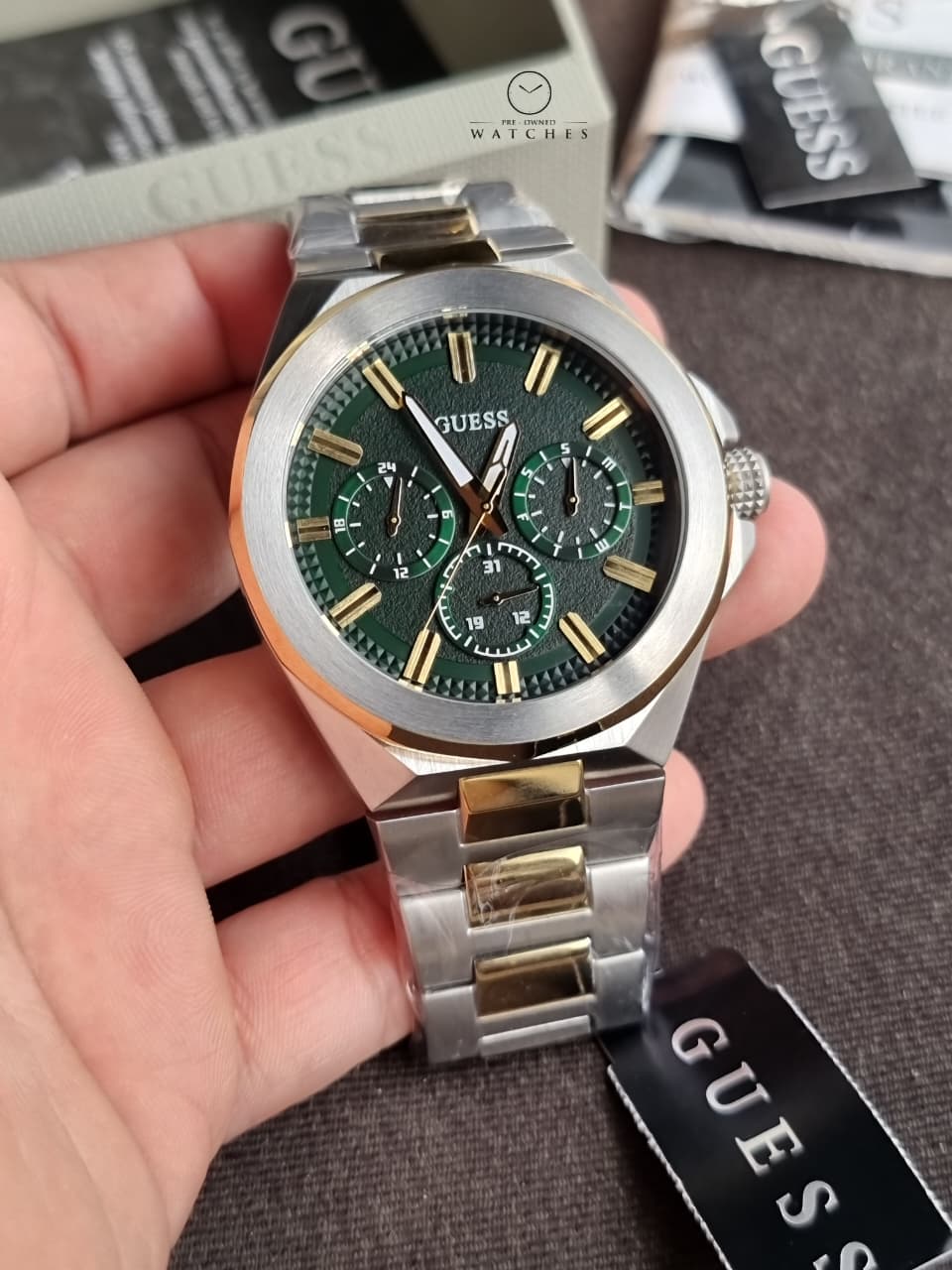 GUESS Dashboard Men's Two-Tone Multifunction Quartz Watch – Green Dial – 46mm – GW0798G3